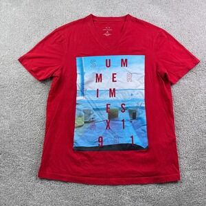 Armani Exchange Shirt Mens Medium Red Summer Times‎ Beach Graphic V Neck Tee